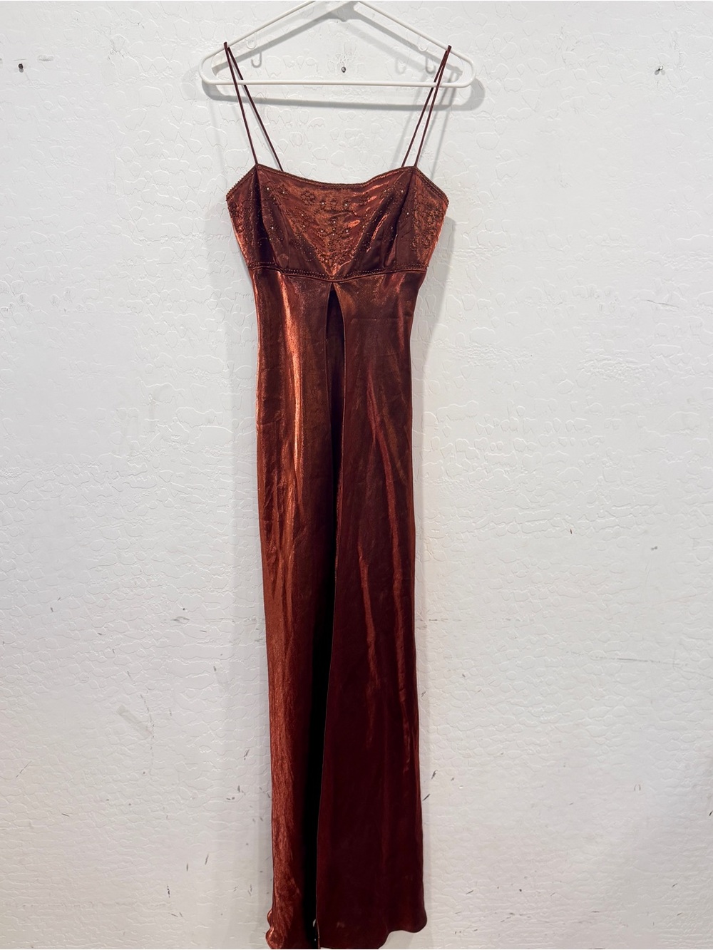 Y2K Morgan & Co. Copper Brown Maxi Slip Dress Size 11/12 Empire Waist Beaded